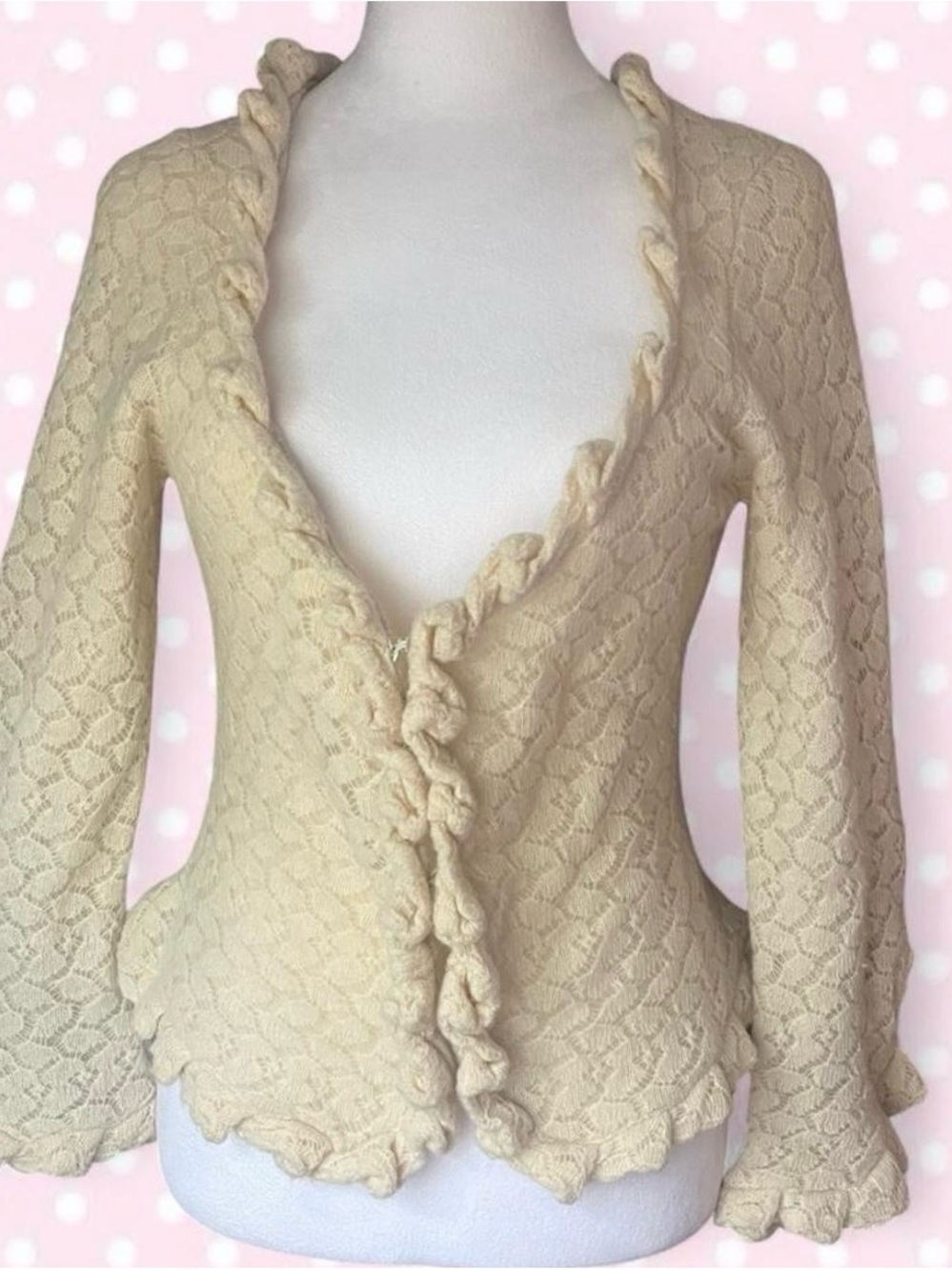 Anthropologie Guinevere Ivory 100% Lambswool Ruffle Cardigan Sweater Small
